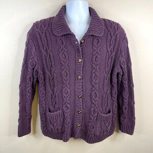 Vintage Women Handmade Chunky Cable Knit Cardigan Sweater XL Plum Cozy Cabincore